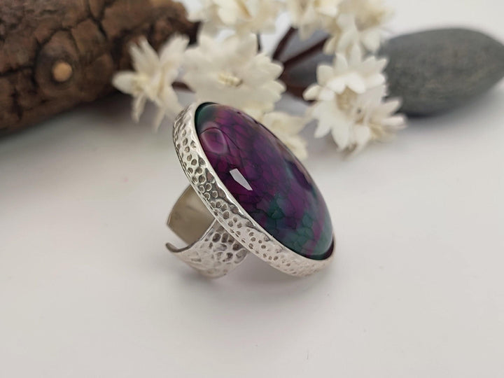 Unique purple and green veins Agate gemstone ring, Large green and purple statement ring, Adjustable ring, Chunky wide band ring