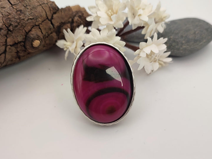 Raspberry pink and black Agate adjustable gemstone statement ring, Large bold chunky ring