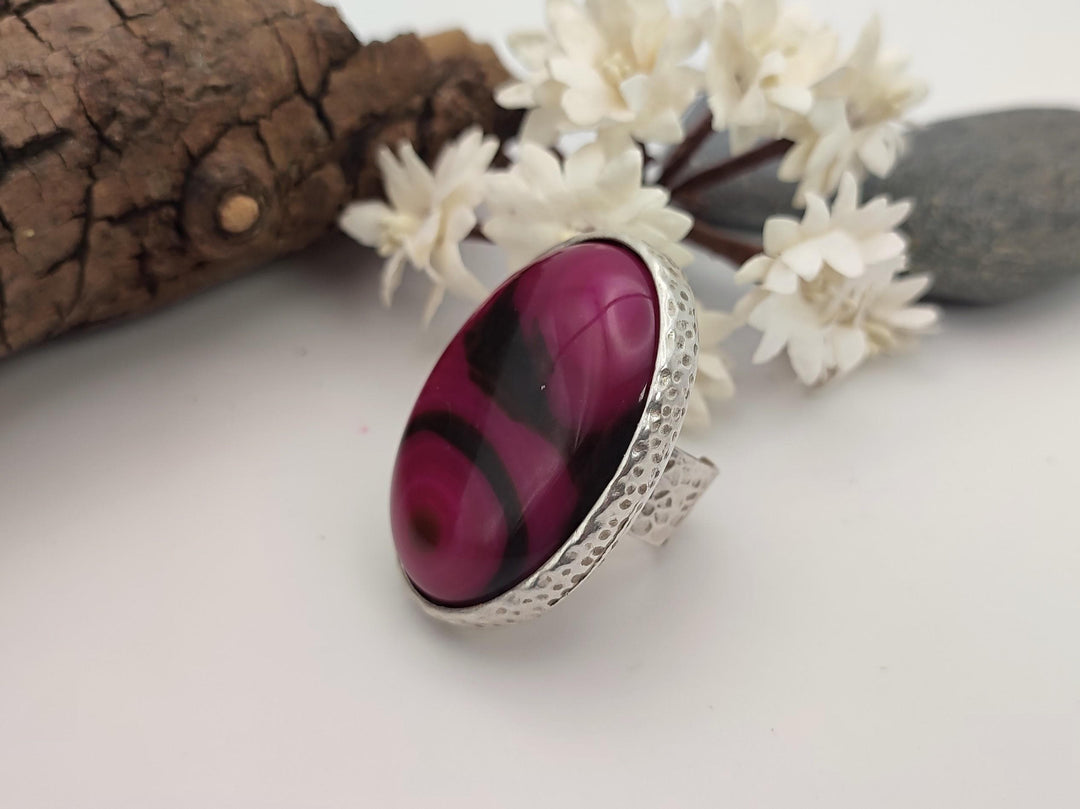 Raspberry pink and black Agate adjustable gemstone statement ring, Large bold chunky ring