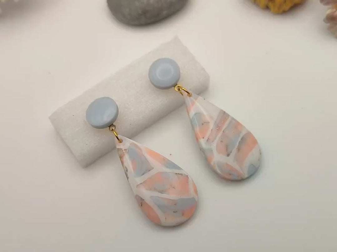 Pink Blue Marbled Dangle Earrings UK, Faux Gem Stone Jewellery, Polymer Clay Statement Earrings, Handmade