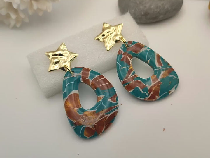 Teal and Brown Polymer Clay Earrings, Faux Stone Dangle Handmade Earrings UK, Unique Handcrafted Gift, Unusual Earrings Lightweight Earrings