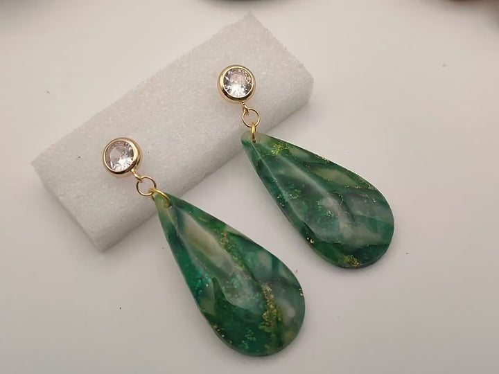 Green Faux Gemstone Dangle Drop Earrings, Polymer Clay Statement Earrings, Handmade Earrings Statement Jewellery