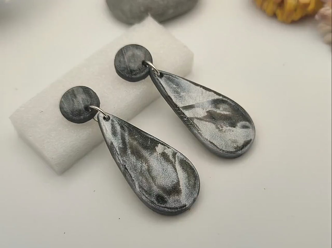 Black and Silver Teardrop Dangle Earrings UK, Black Jewellery, Polymer Clay Statement Earrings, Handmade Artisan Earrings