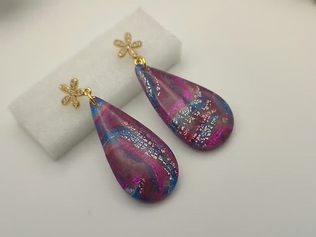 Handmade Teardrop Earrings, Magenta Blue Polymer Clay Dangle Drop, Lightweight Earrings, Clay Jewellery, Statement Earrings