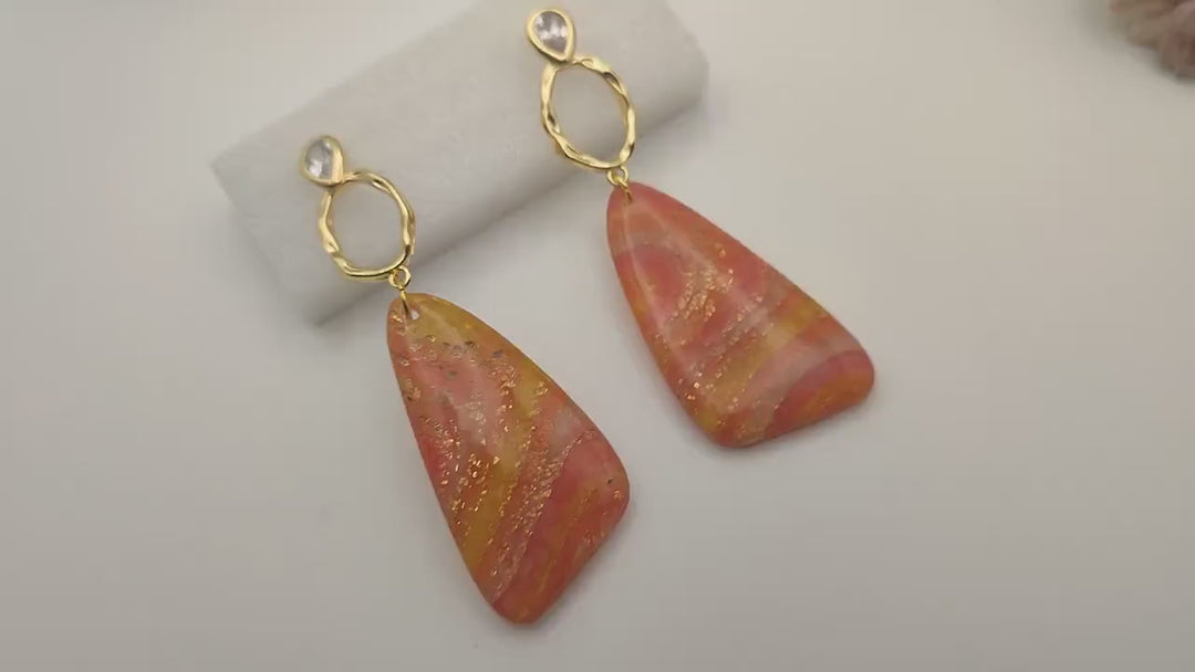 UK Handmade Orange Gold Dangle Earrings, Lightweight Clay Earrings, Long Drop Earrings, Statement Earrings, Unusual Unique Gifts