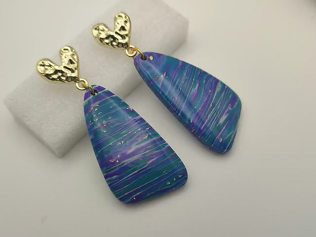 Handmade Blue Purple Earrings, Dangle Drop Polymer Clay Jewellery, Unique Statement Earrings, Lightweight  Gift for her