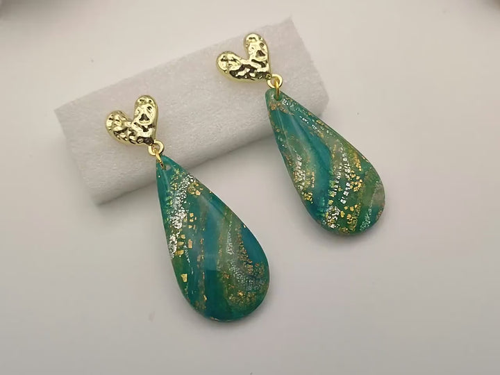 Teal Green and Gold Dangle Earrings, Handmade Polymer Clay Teardrop, Lightweight Earrings, Unique Gift, Handmade Gift, Costume Jewelry