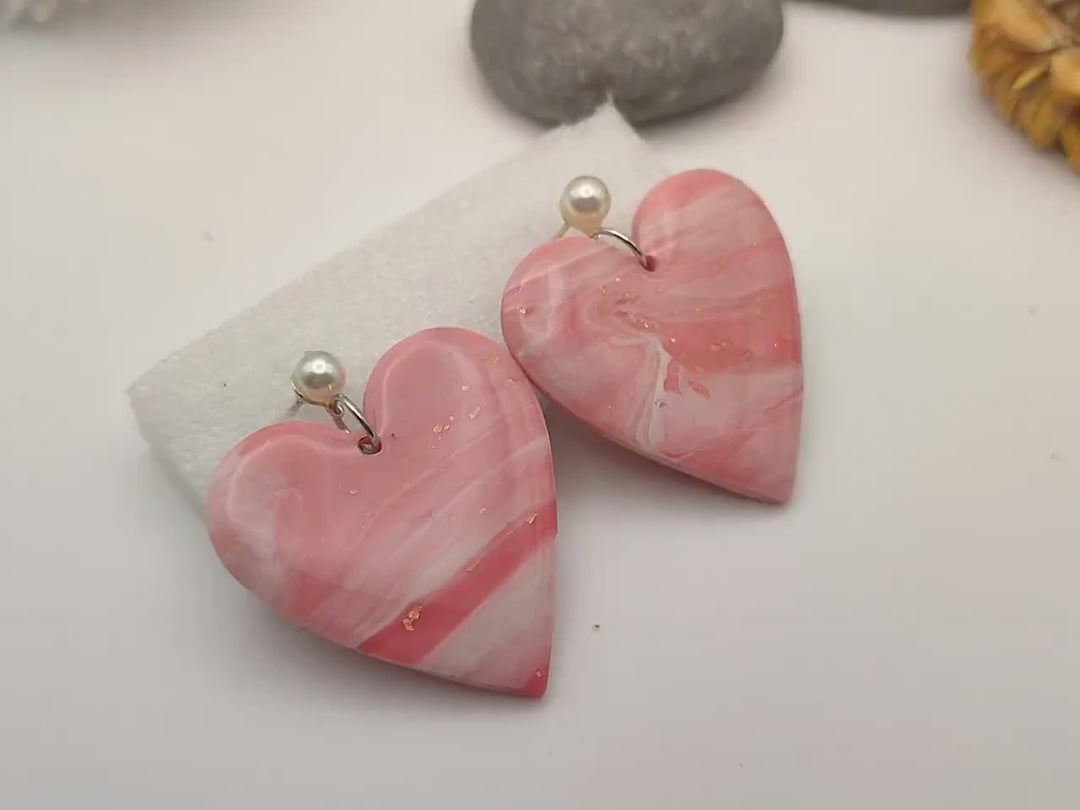 Pink Heart Polymer Clay Earrings, Handmade Lightweight Earring Dangle, Heart Shaped Earrings, Cute Jewellery, Unique Gift, Bridal Jewellery