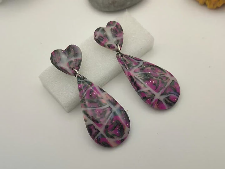 Handmade Teardrop Earrings in Purple and Black, Lightweight Polymer Clay Earrings for Women, Elegant Design Earrings, Unique Earrings