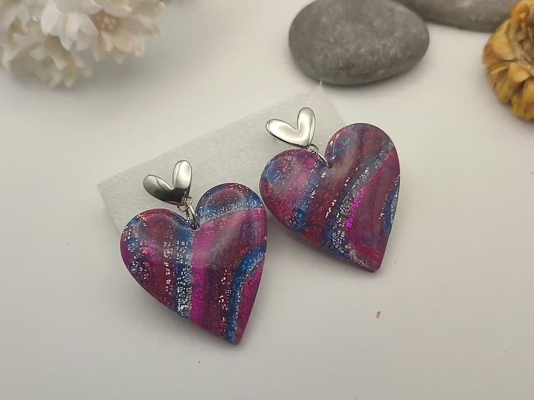 Heart Earrings, Handmade Magenta Blue Polymer Clay Dangle, Lightweight Earrings, Clay Jewellery, Statement Earrings, Silver Earrings UK