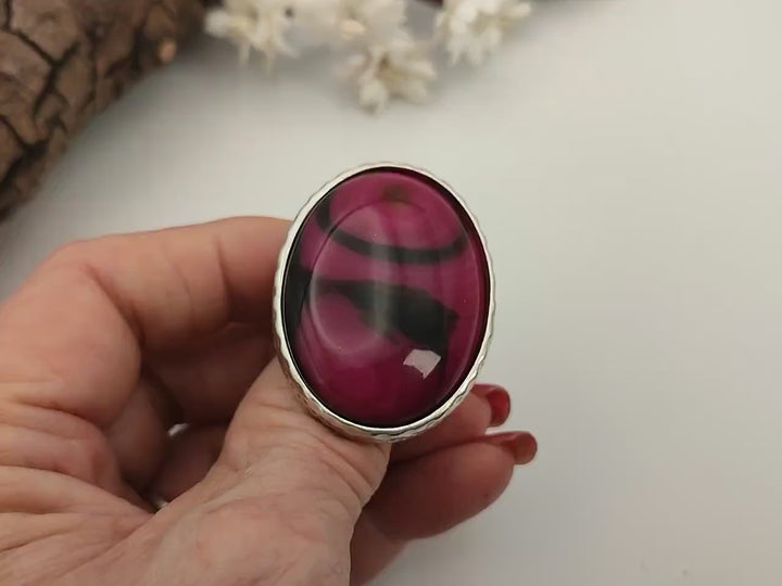 Raspberry pink and black Agate adjustable gemstone statement ring