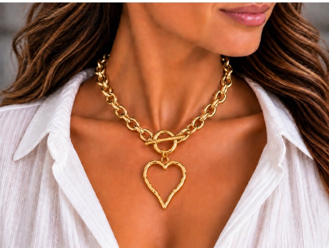 24k Gold Heart Pendant Chunky Necklace "Janelle" - Corky & Stoner Main image