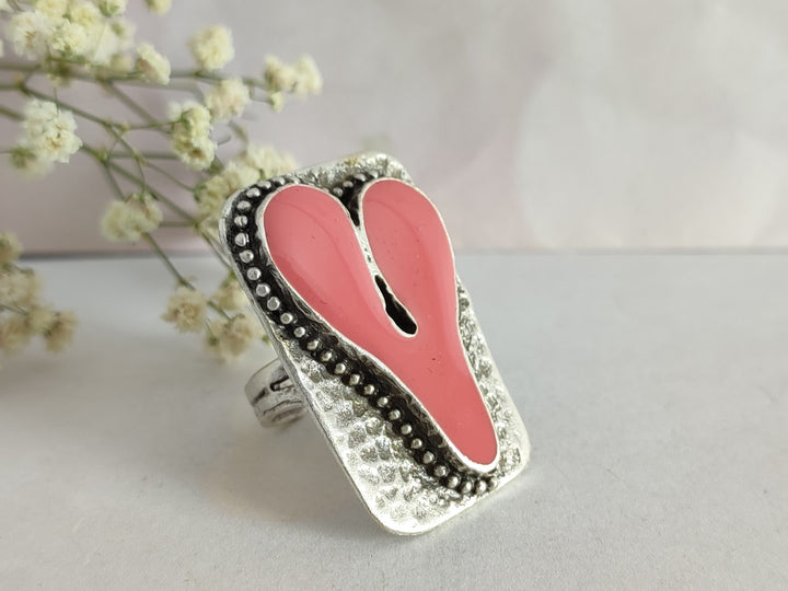 Handmade adjustable silver heart ring. Large pink ring . Valentines day ring gift