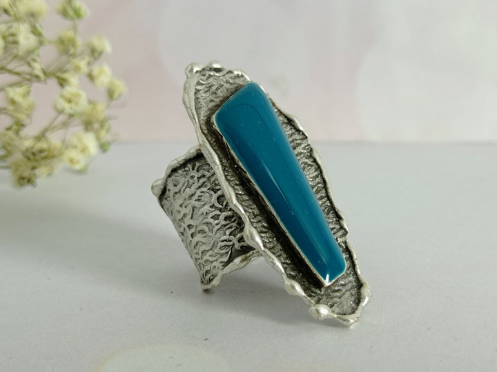 antique silver ring. Teal blue ring. Wide band cuff ring. Statement ring