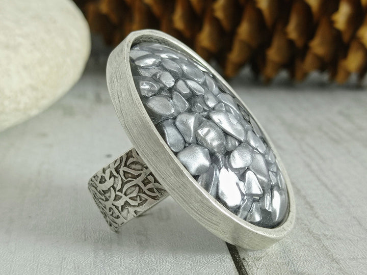 Big chunky silver ring, unique gemstone ring, womens big ring, large oval adjustable antique silver ring,