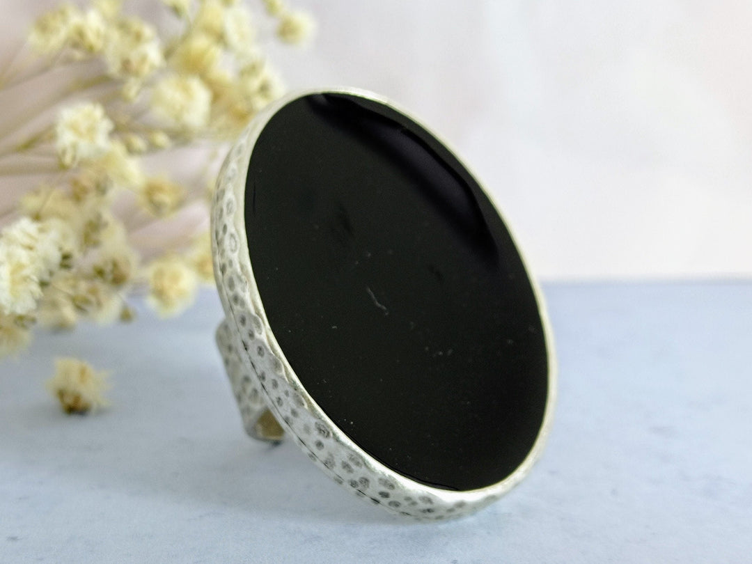 Large chunky antique silver adjustable black statement ring