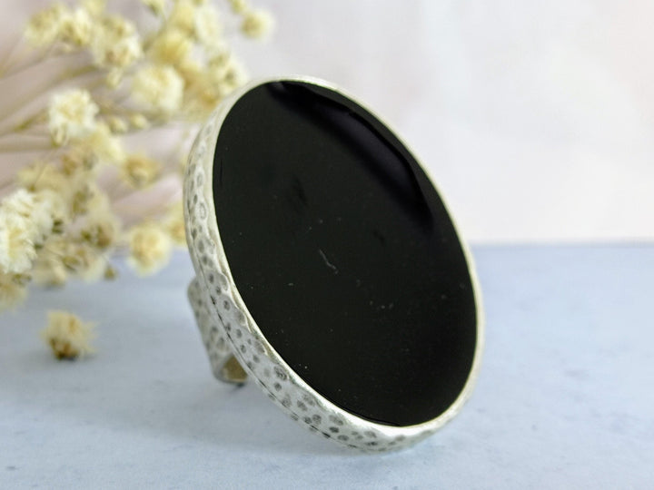 Large chunky antique silver adjustable black statement ring