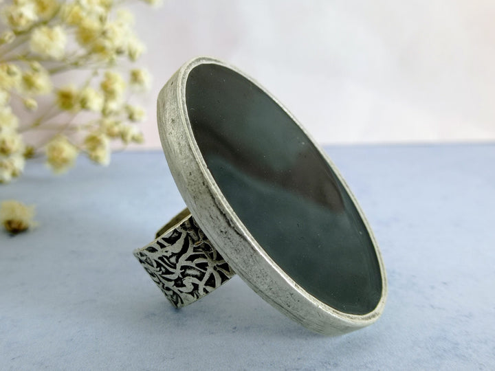 Large chunky antique silver adjustable black statement ring