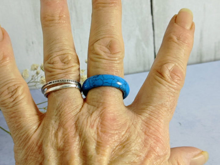 Turquoise ring, blue turquoise band, narrow stone band ring