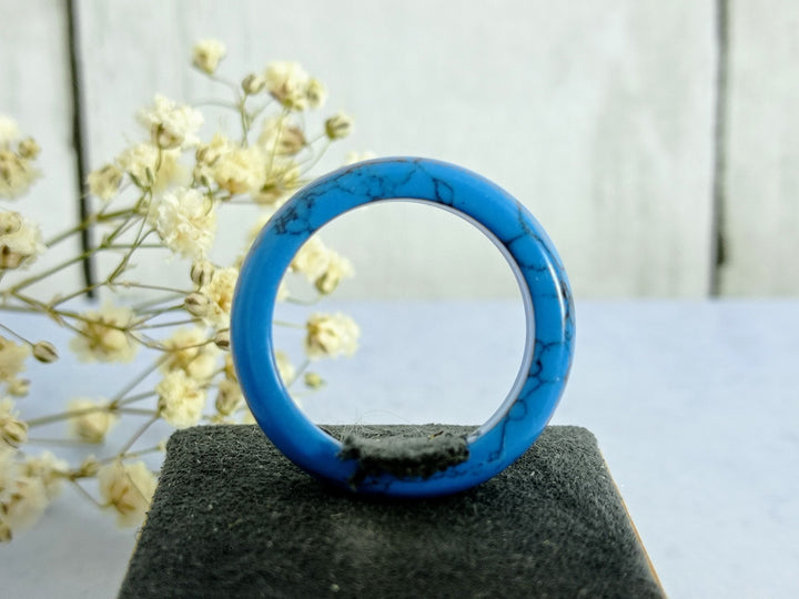 Turquoise ring, blue turquoise band, narrow stone band ring