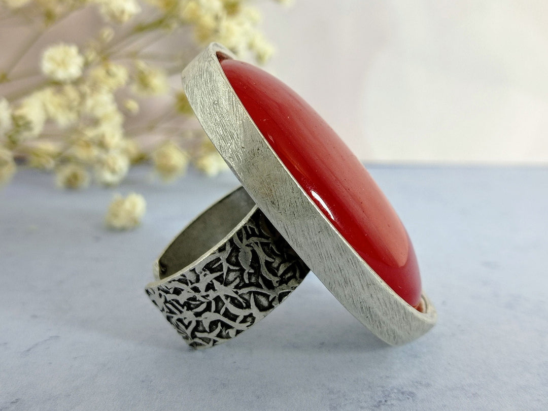 Red Jade cocktail ring, Adjustable large chunky silver dress ring, Large silver statement ring