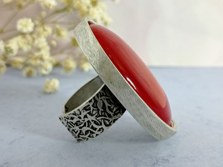 Red Jade cocktail ring, Adjustable large chunky silver dress ring, Large silver statement ring