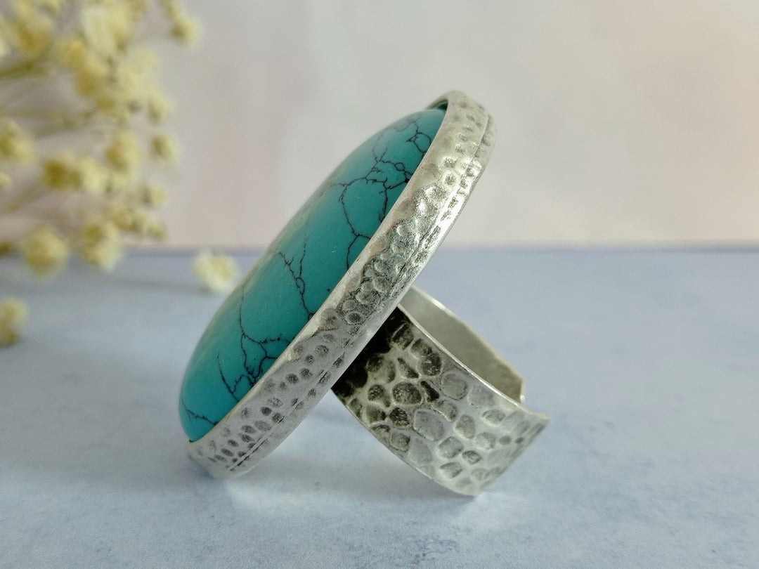 Turquoise large oval ring, big chunky silver gemstone statement cocktail ring, adjustable silver ring