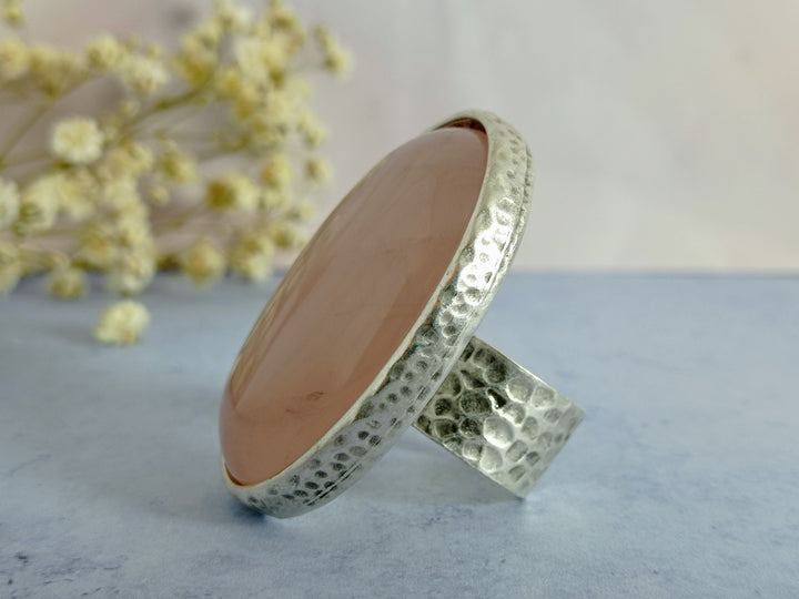 Rose Quartz ring, large Rose Quartz gemstone cocktail ring, Chunky large antique silver statement ring