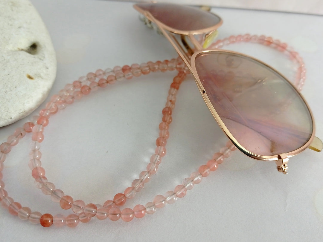 Strawberry Quartz glasses chain, pink sunglasses chain, lanyard for glasses, gemstone glasses chain