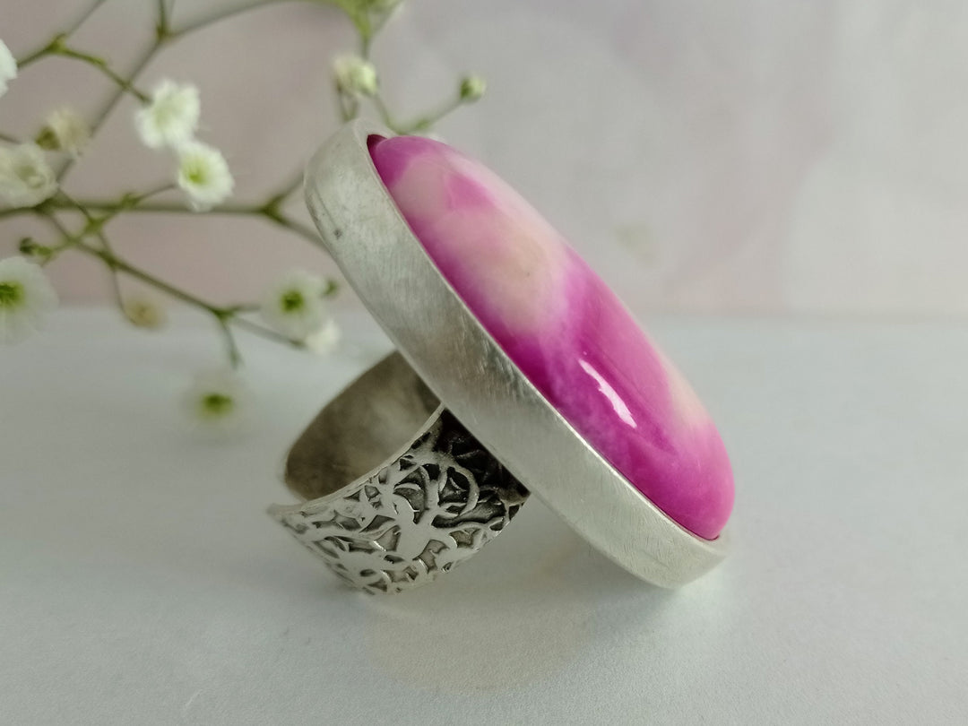 Large pink stone ring,  chunky antique silver oval statement ring, large cocktail ring, ring with big stone