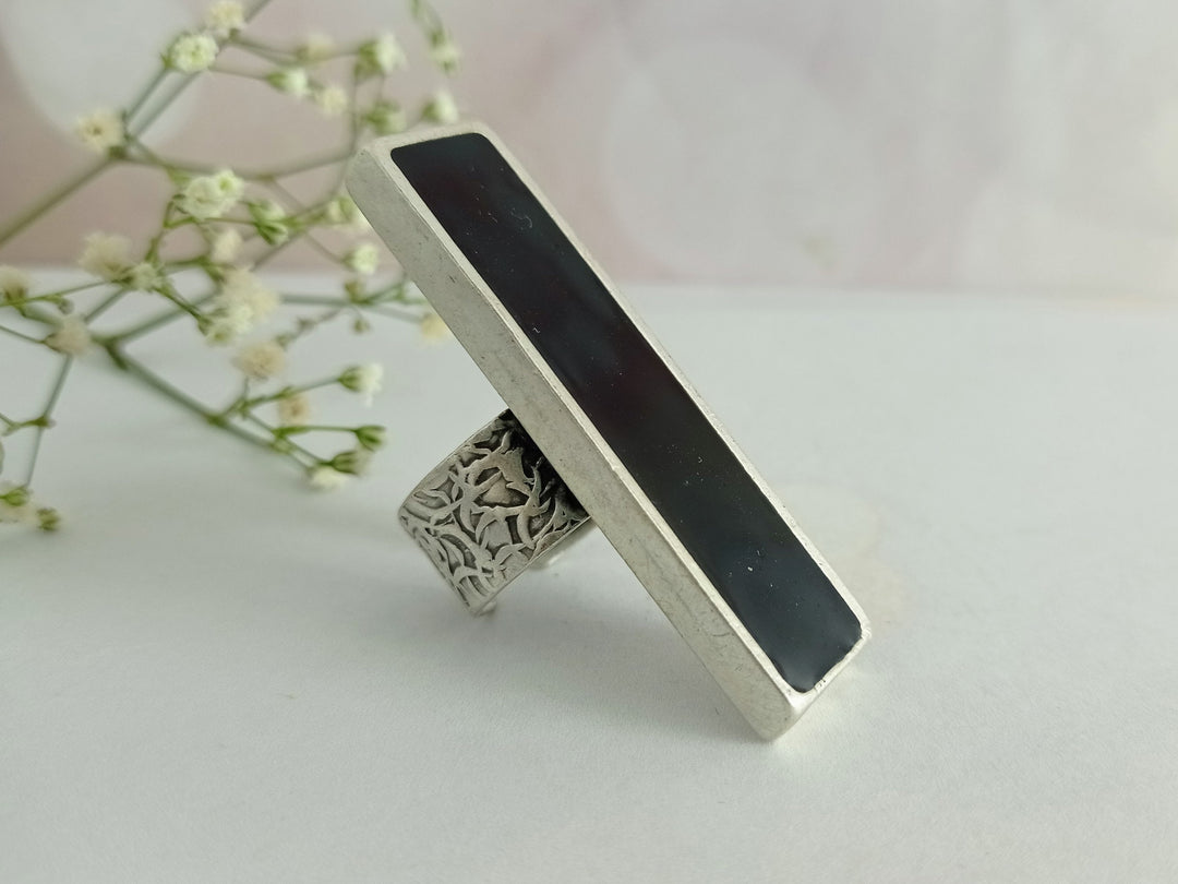 Long oversized chunky black antique silver ring