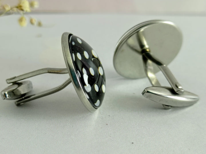 Large black and white spotted cuff links