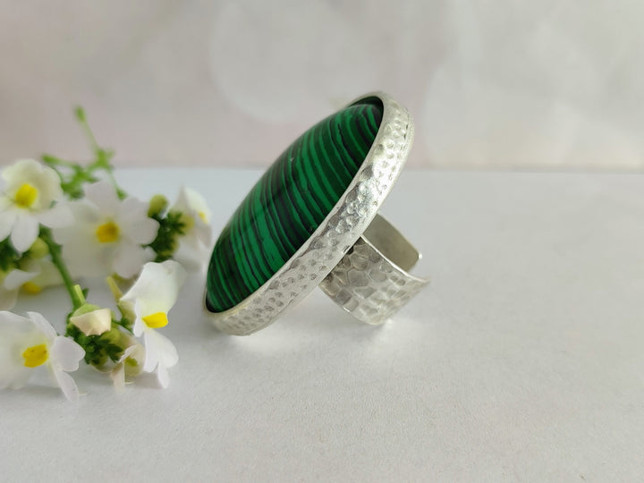 Large Malachite chunky oval silver ring, large cocktail ring, silver statement ring