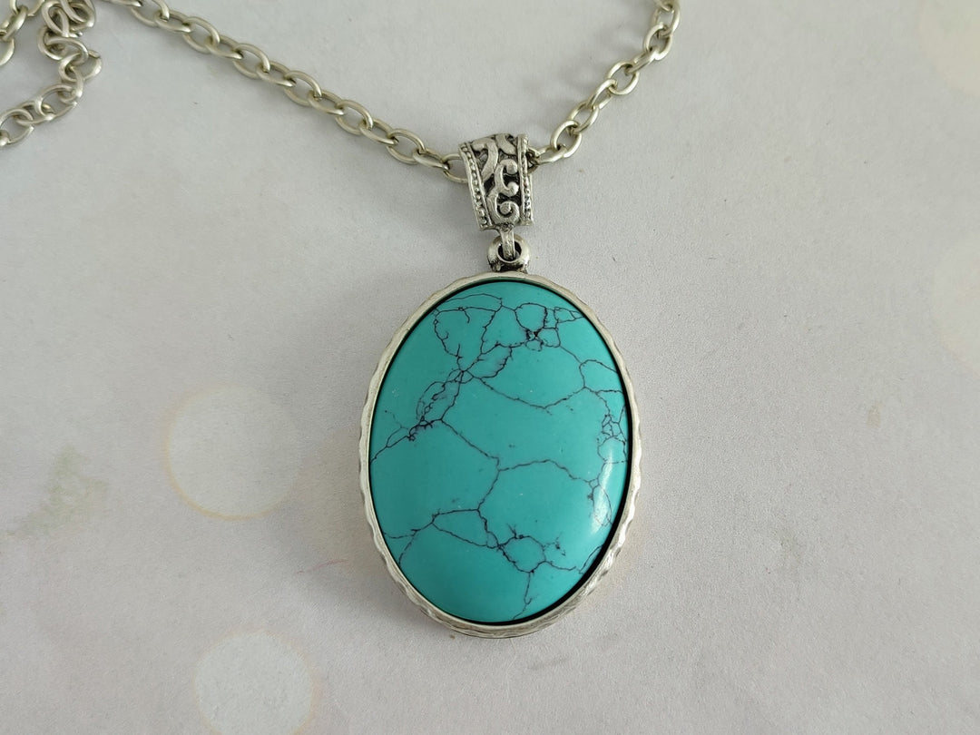 Turquoise pendant necklace, Turquoise Howlite stone pendant, large pendant, silver pendant