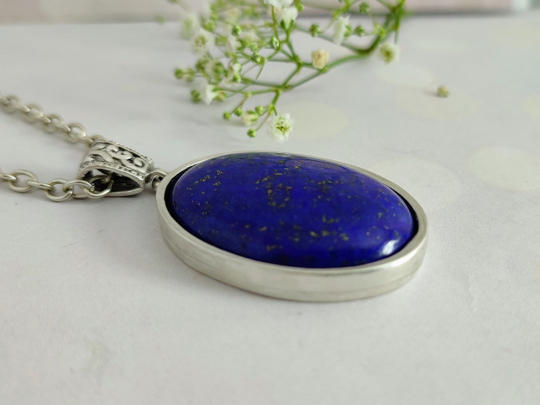 Lapis Lazuli pendant necklace, blue Lapis Lazuli silver pendant, large silver blue pendant,