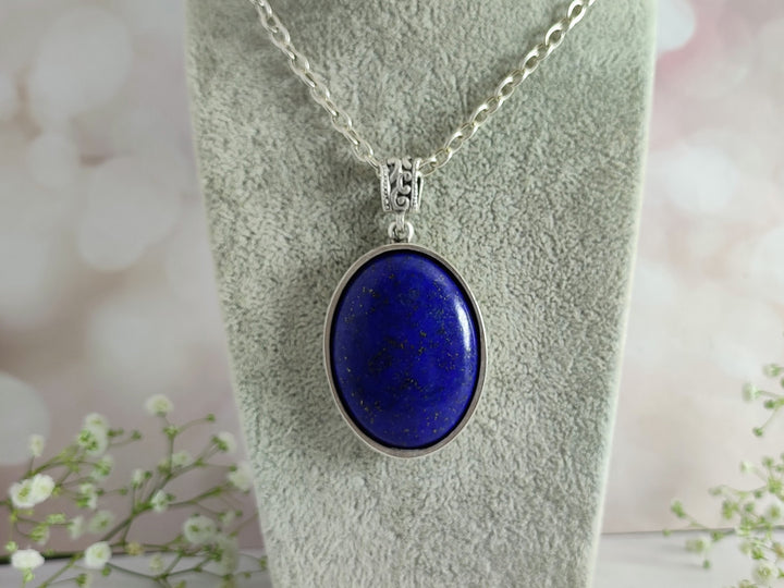 Lapis Lazuli pendant necklace, blue Lapis Lazuli silver pendant, large silver blue pendant,