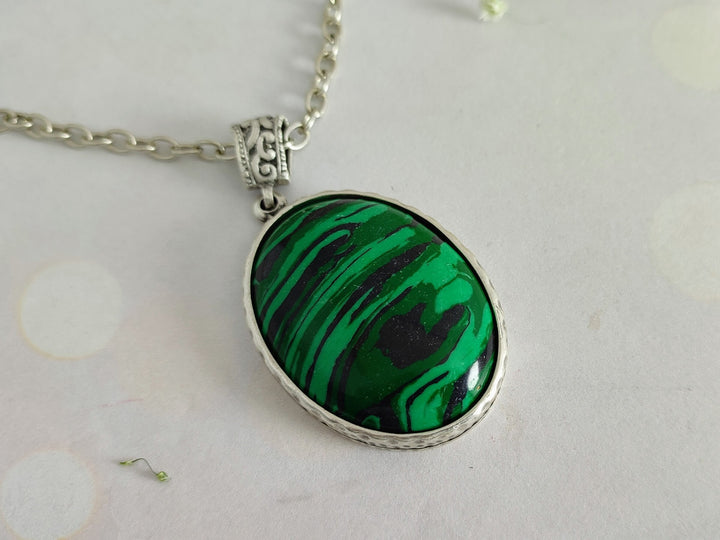 Malachite pendant necklace, green pendant, large silver Malachite pendant, silver necklace