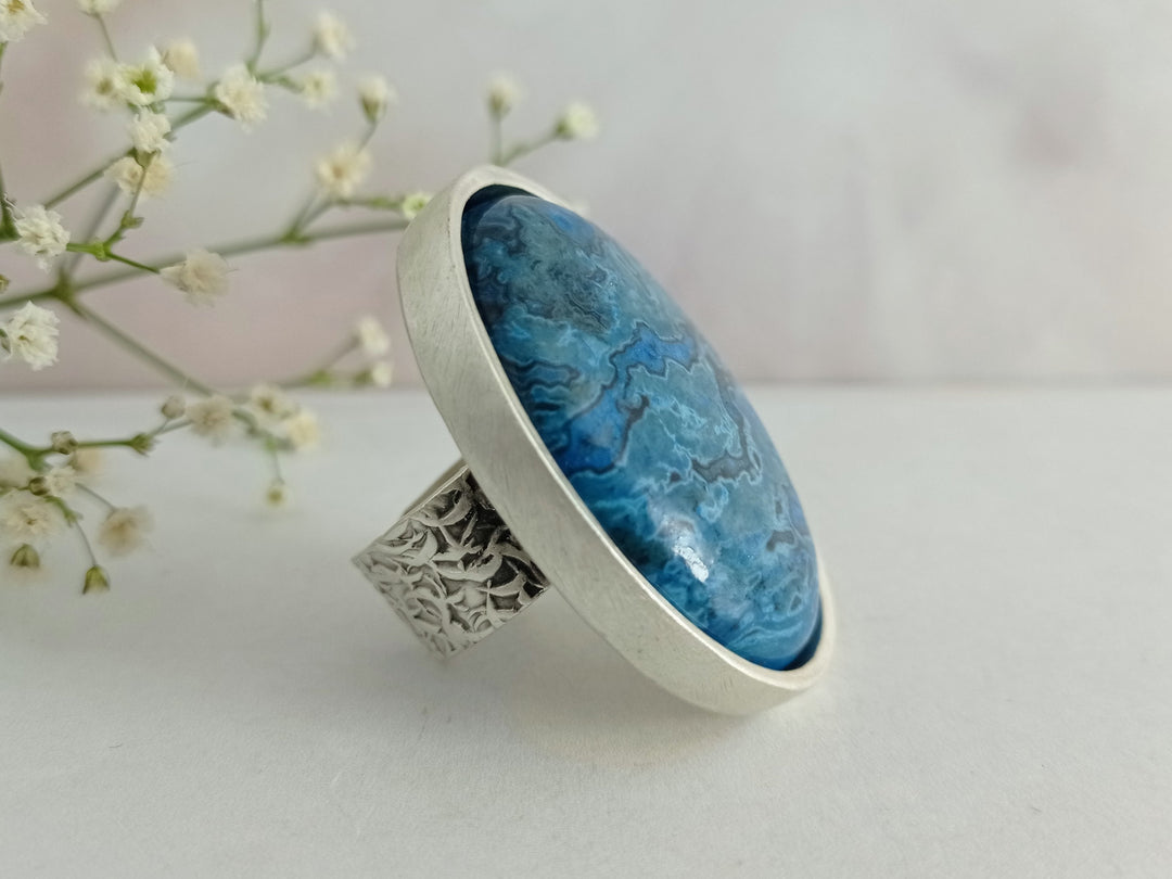 Large silver oval adjustable Blue Jasper statement ring, blue statement cocktail ring, gemstone ring