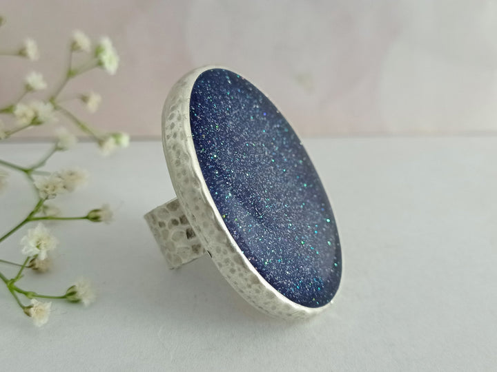 Big and chunky blue antique silver oval ring