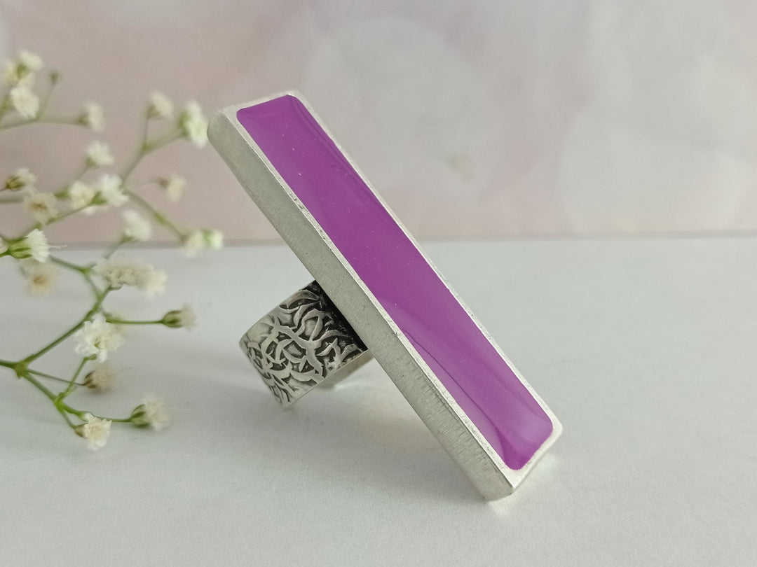 Large purple oversized long rectangular chunky silver statement ring
