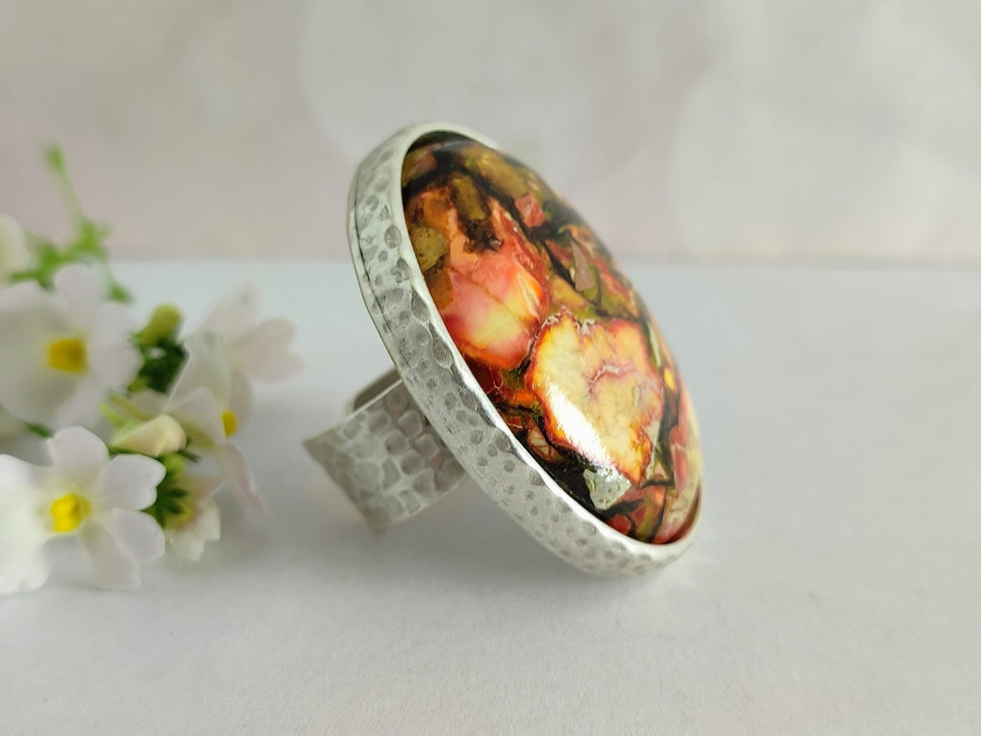 Large chunky silver stone ring, big oval gemstone ring, adjustable silver ring, Jasper ring