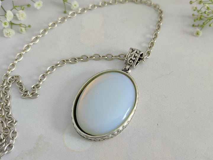 Moonstone Opalite pendant necklace, chunky pendant, large pendant, silver pendant