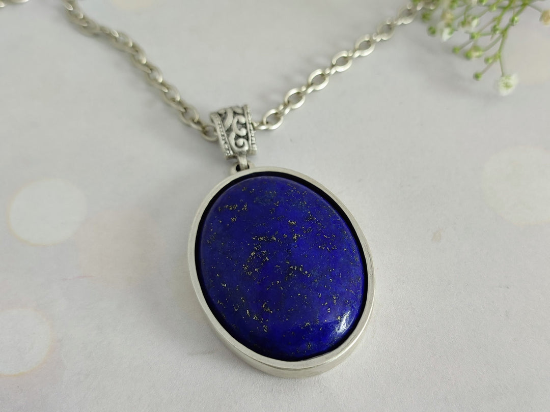 Lapis Lazuli pendant necklace, blue Lapis Lazuli silver pendant, large silver blue pendant,