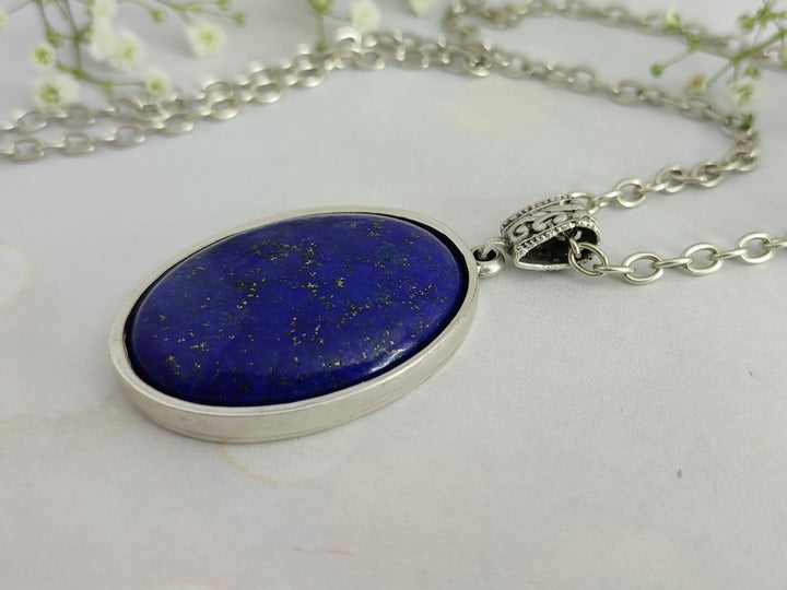 Lapis Lazuli pendant necklace, blue Lapis Lazuli silver pendant, large silver blue pendant,