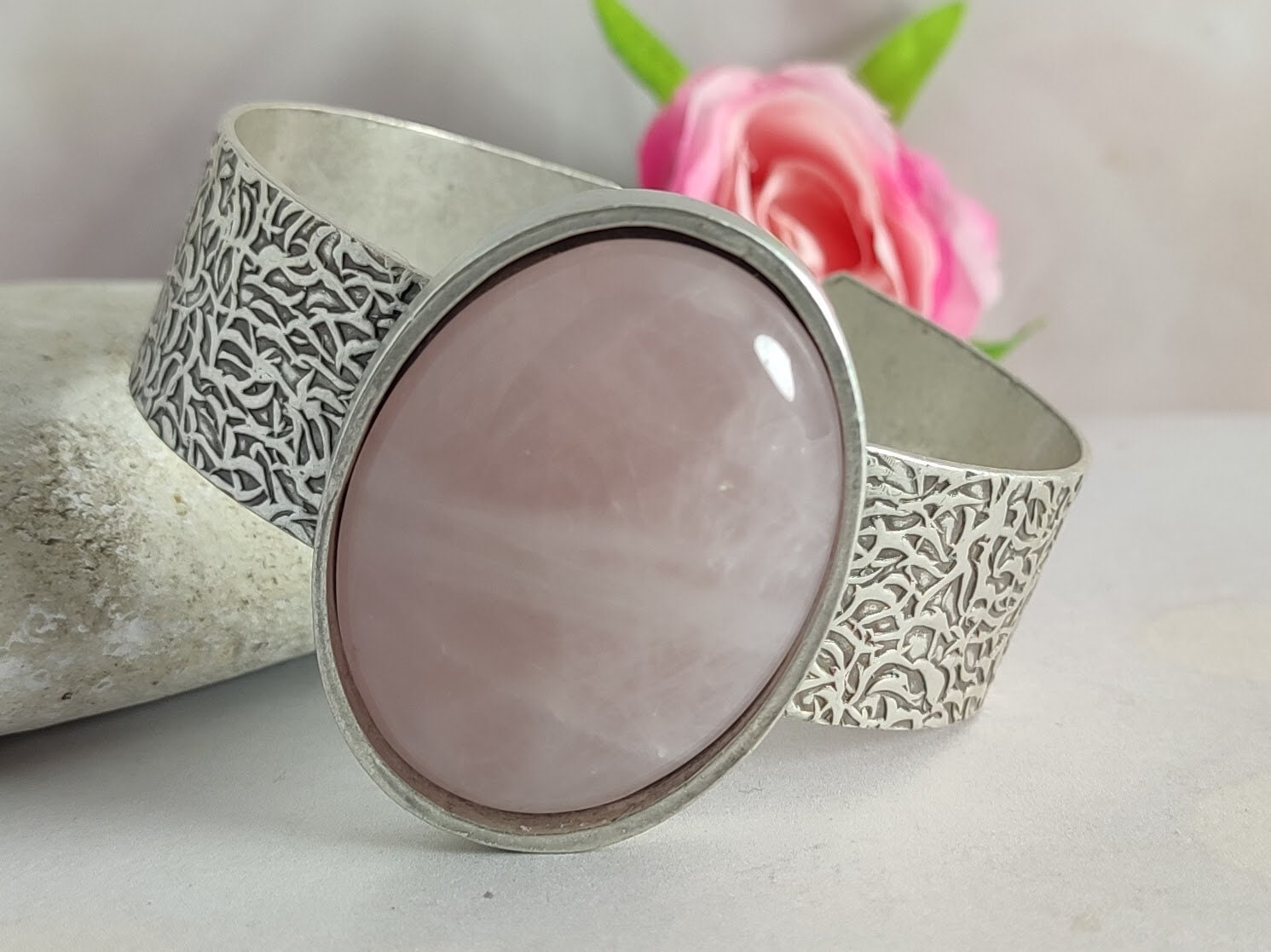 Unique Silver Rose Quartz Cuff outlets Bracelet