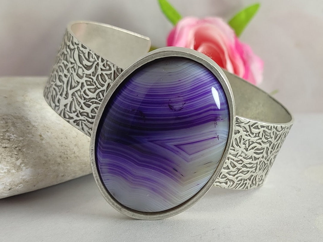 Purple Agate silver cuff bracelet, gemstone bangle bracelet, boho bangle bracelet