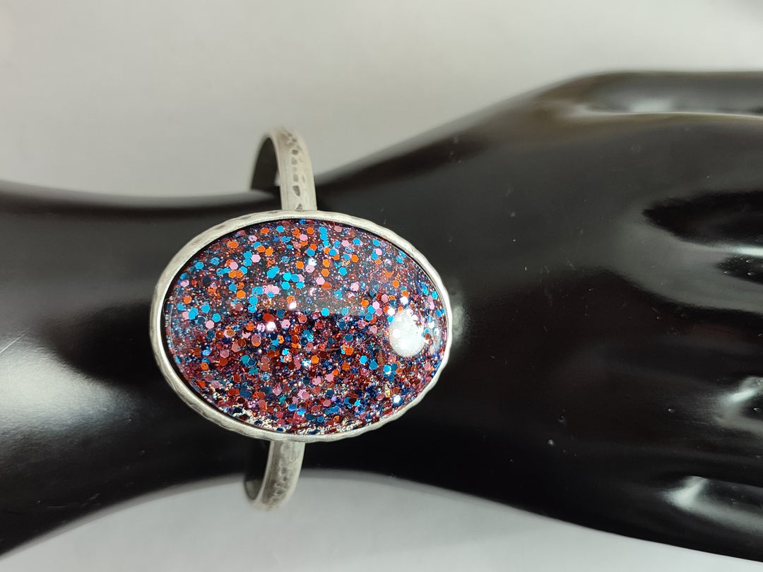 Silver bangle, silver narrow cuff bracelet with a large pink and blue glittery cabochon, silver bracelet, open bangle
