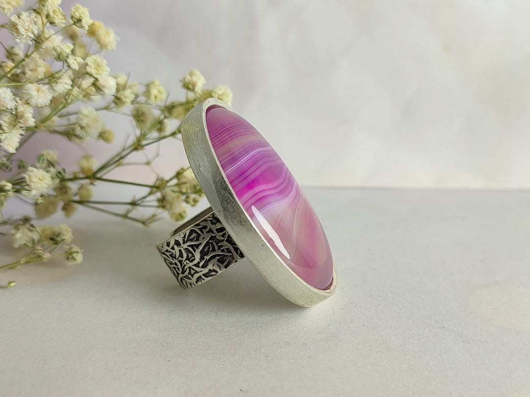 Silver Agate ring, large purple gemstone statement ring, adjustable chunky silver ring