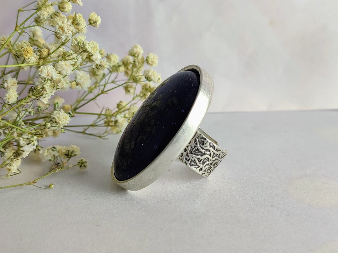 Large Blue Goldstone statement ring, big blue stone cocktail ring, large blue gemstone ring