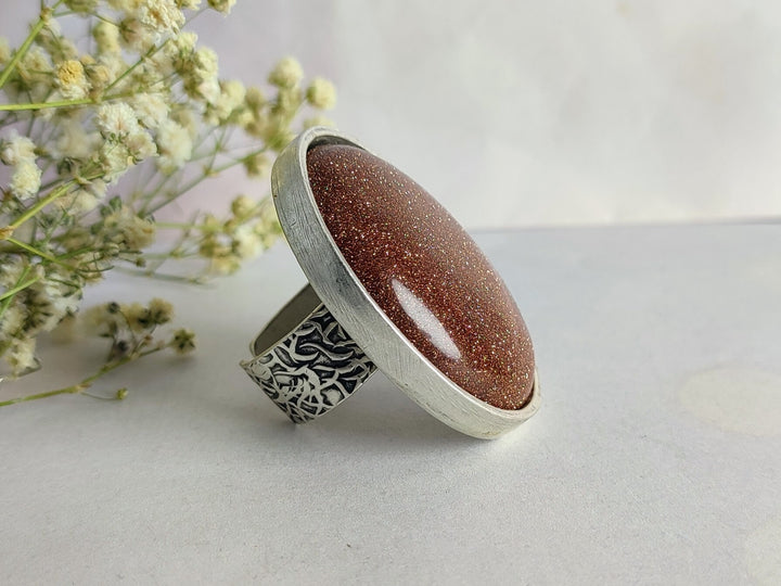 Large red Goldstone ring, red statement ring, big red stone cocktail ring, large red gemstone ring